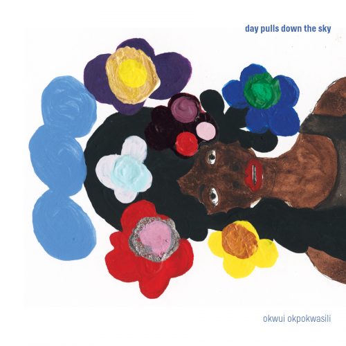 A painted portrait of Okwui Okpokwasili with a crown of colorful flowers. The image is tilted on it's side.