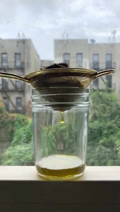 A small glass jar sits on a city windowsill. On top of the jar there is a sieve, straining mugwort leaves. A drop falls from the bottom of the sieve into a pool of collected, yellow, brew. Behind the jar, and through the window, there are green trees, and concrete buildings, against gray sky, seen in the distance.