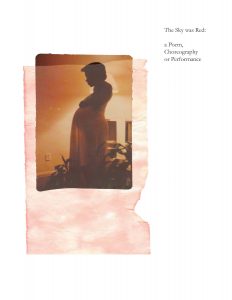 A photograph of a black woman with one arm slung over her pregnant belly. The photograph is overlaid with hand-made paper that is torn in the right hand corner. Colors are black, pink, bronze, and burnt orange.