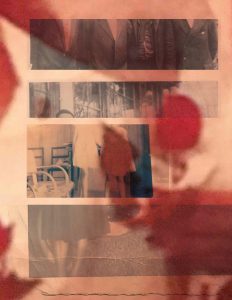 Four rectangularly cut photographs, overlaid with a red splotchy filter. The ankles of Orange Mae Johnson and the knees of Byronné and Sonya. The bellies of unknown men and an image of wind panes.