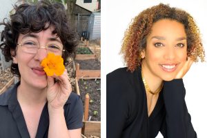 iele has short brown curls and wears rectangular framed glasses, they are in a garden and are holding an orange flower in front of their nose with a squinting grin. Alice is a light-skinned, multi-racial Black woman with blonde, copper, and red striped curly hair and gazes towards the camera. She wears a black shirt; her face rests in the palm of her face, her elbow sits on her thigh, and a gold necklace gleams at her neck.