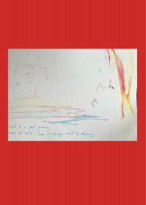 On top of a bright red background, is a sketch of markings in many colors, with notes written: Private Jo and Erica Hunt meet at a joint joining wave of world: lovers of orange and the staining