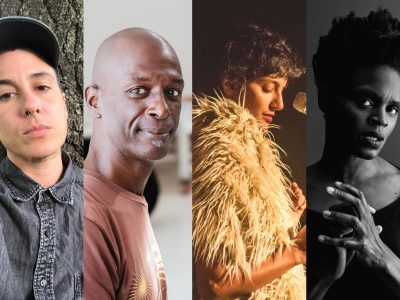 A composite of four photos. 1. devynn emory: lightskinned transgender ingi-queer leaning against tree with grey buttonned-down shirt and cap. 2. David Thomson: A dark brown man body in profile, with a fully shaved head and salt & pepper soul patch, head turned towards camera with a slight smile. 3. Samita Sinha: A brown woman in faux fur stole stands in profile at a microphone. 4. Okwui Okpokwasili: Okwui standing center and alone, black and white, her elbows bent with hands meeting at the center of her chest, eyes look up to the left, as if she wants to ask a question.