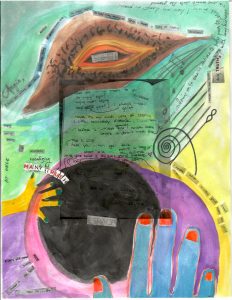 Watercolor by Anaïs. Watercolor painting with large swaths of blues, purples, and yellows. Printed and written text appears throughout the painting collaged, as do a series of hands, musical notes, and a vaginal sweet potato.