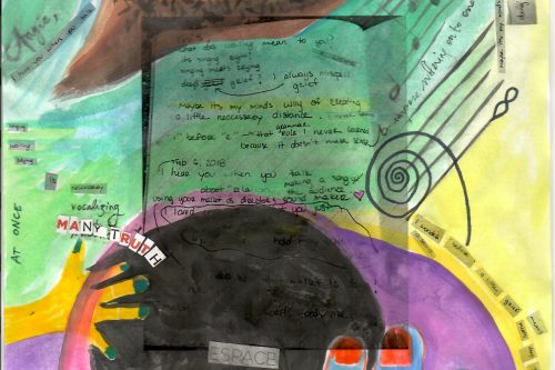 Mixed medium, exquisite corpse by Anaïs. Watercolor painting with large swaths of blues, purples, and yellows. Printed and written text appears throughout the painting collaged, as do a series of hands, musical notes, and a vaginal sweet potato.