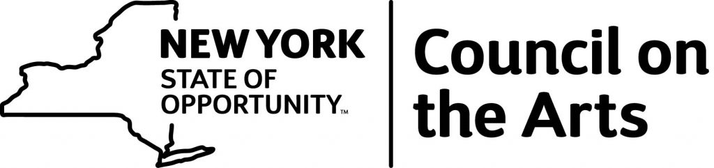 Black and White logo with an outline of the state of New York: New York State of Opportunity, Trade Mark. Council on the Arts.