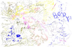 An abstract and colorful drawing. Some symbols and words can be found, feet and a hand, outlines of faces and animals, the word "Body," "hello," and phrases, "map to nowhere," "time machine," and "adventure of another singer"