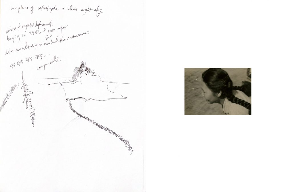 A scanned image of this inside of a book. On the left page, there is a pen ink drawing of choreographer iele paloumpis embroidering, with a large swath of fabric cascading over their lap. There is a long braid extending from the end of the fabric, forward, and a drawing of eucalyptus branches. Above the drawing is the title of iele’s performance, In Place of catastrophe, a clear night sky and under the title are more handwritten notes that are hard to make out, written in both English and Korean. On the right page, there is a sepia colored photo of a person’s face profile, with two shiny black braids draped over their back.