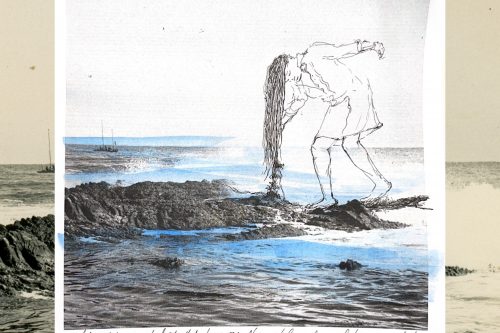 A sepia-colored photograph of a wave crashing shoreline frames an overlaid image in the center, it is the same image colored differently in white, charcoal, and blue hues. Onto the photo, a pen drawing of mayfield brooks (dancing in Sensoria: An Opera Strange) is walking across the rocky shore with their arms outstretched and their hair hanging in front of their face.