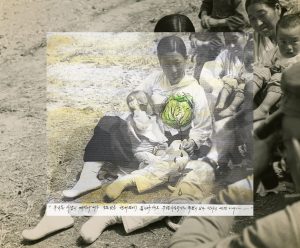 A sepia-colored and edited photograph of a group of Korean women, holding babies, and smiling as they look at a man taking their photo. One woman is breastfeeding. At the center of the photo is a drawing of a green cabbage and below that is a white bar with notes written in Korean. 
