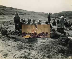 A sepia-colored photograph of a group of Korean people smiling and sitting on a beach, rolling hills behind them. Overlaid at the center of this image is another image, a still of a video of mayfield brooks performing in their work, Sensoria: An Opera Strange at Danspace Project. Mayfield stands at the center of the St. Mark’s church altar, surrounded by siny black, silver and gold material, they are in a crouched gesture, throwing the shiny material overhead in a fast sweeping movement.