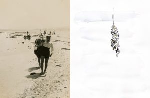 Two images side by side: on the left is a sepia-colored photograph of a Korean woman holding a ball and net over her shoulder as she walks forward, a meandering line of other people walking behind her. On the right side is a hand drawn design, reminiscent of the center set piece of mayfield brooks’ Sensoria: An Opera strange, a cluster of knotted hair-ties adorned with colorful plastic balls.