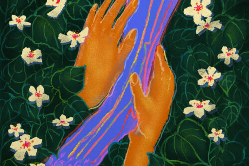 An illustration of two orange-colored hands massaging an ethereal light blue lower leg. The leg has multicolored lines running over it, outlining the chi channels of the body. The hands and leg are nestled in a field of green leaves dotted with tung blossoms: tropical white flowers with pink centers.