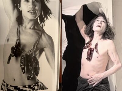 Two side-by-side images of Koma Otake. The sepia image on the left is of a young Koma (1981), shirtless with a red chili pepper necklace. On the right, is an image of an older Koma (2023) shirtless and covered in white chalky make-up, wearing the same chili pepper necklace.